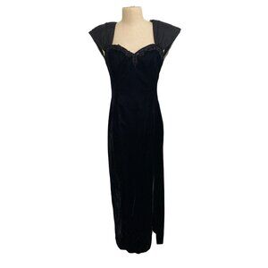 Vintage Steppin Out Black Velvet Evening Dress With Sheer Cap Sleeves and Beaded